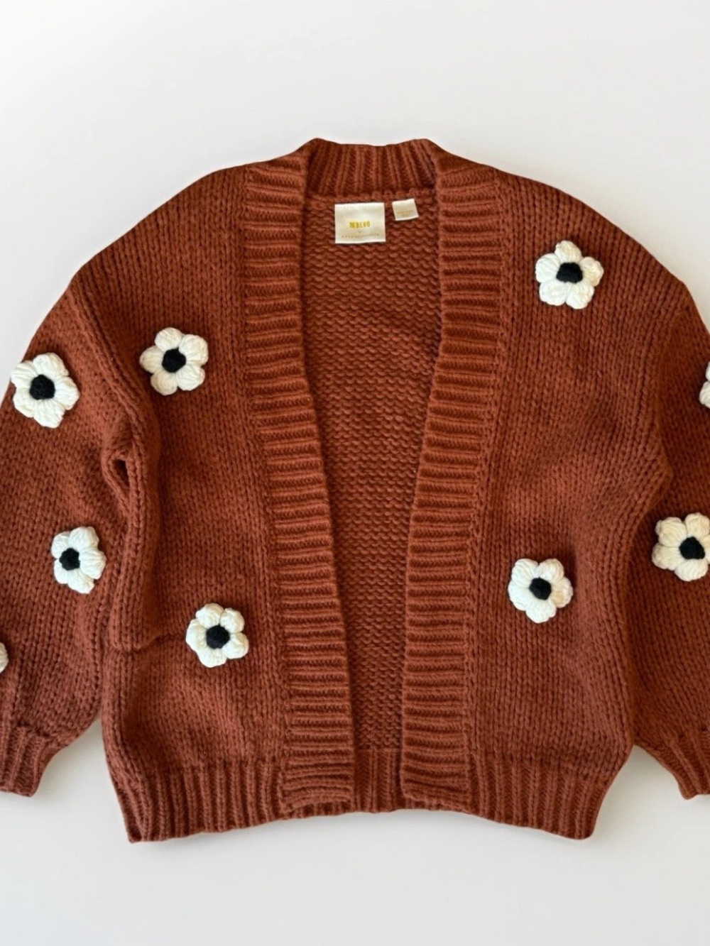 Anthropologie Rust Open-Front Cardigan with White Flower Appliques